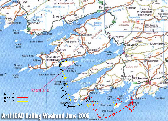 Route map of ACU sailing weekend, June 2006